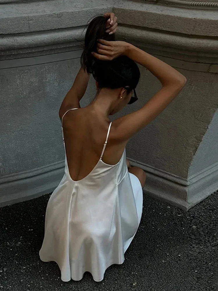 Black Friday Joskaa  Lace Deep V-neck Backless Sexy Slip Dress For Women Fashion Clubs Party Spaghetti Strap Dress Solid Color Female