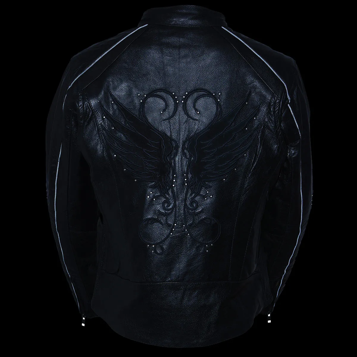 BLACK Leather ML1952 Women's Black 'Embroidered Wing and Stud Design' Leather Scooter Jacket