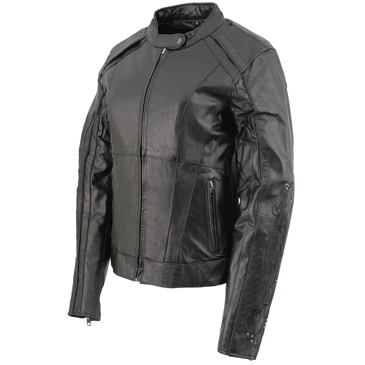 BLACK Leather ML1952 Women's Black 'Embroidered Wing and Stud Design' Leather Scooter Jacket