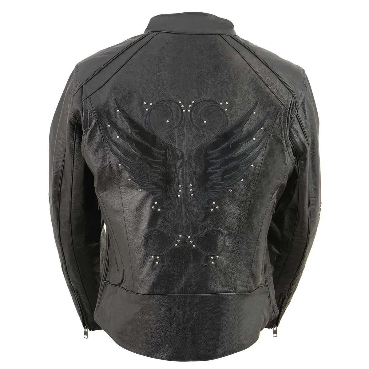 BLACK Leather ML1952 Women's Black 'Embroidered Wing and Stud Design' Leather Scooter Jacket