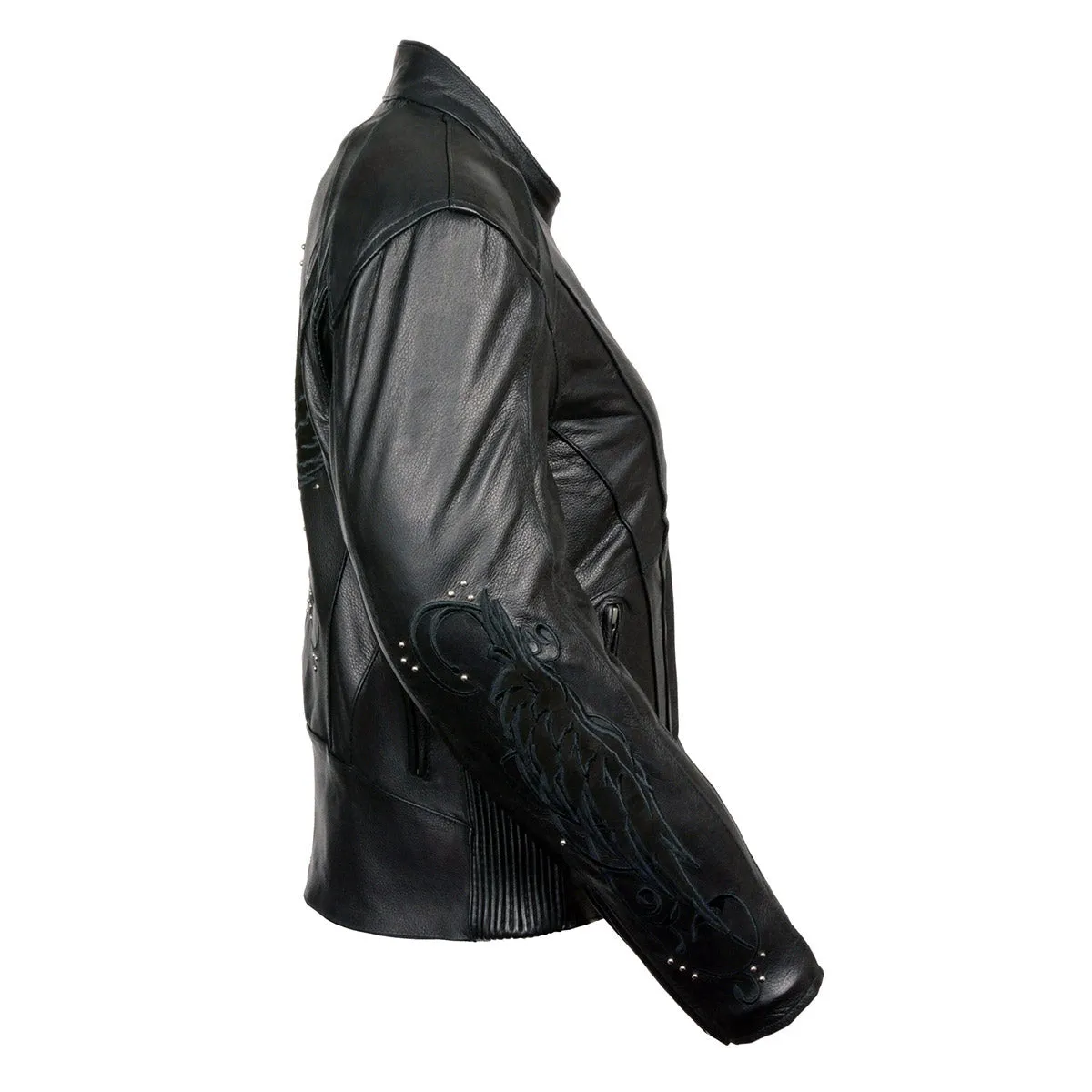 BLACK Leather ML1952 Women's Black 'Embroidered Wing and Stud Design' Leather Scooter Jacket