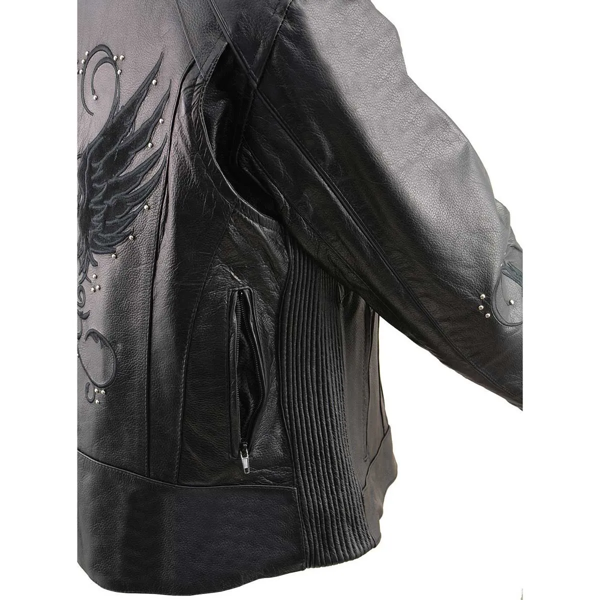 BLACK Leather ML1952 Women's Black 'Embroidered Wing and Stud Design' Leather Scooter Jacket