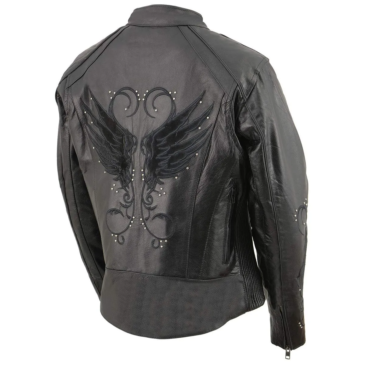 BLACK Leather ML1952 Women's Black 'Embroidered Wing and Stud Design' Leather Scooter Jacket