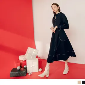 CONTRAST COLOR CHIFFON LONG SLEEVE TUNIC MAXI DRESS