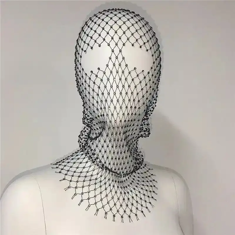 Elastic Rhinestone Balaclava Shiny Fishnet Turban
