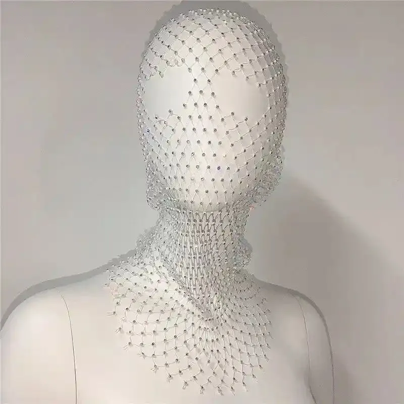 Elastic Rhinestone Balaclava Shiny Fishnet Turban
