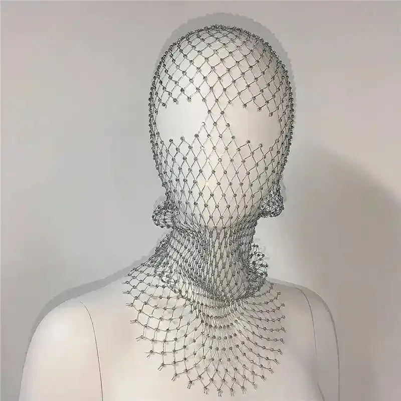 Elastic Rhinestone Balaclava Shiny Fishnet Turban