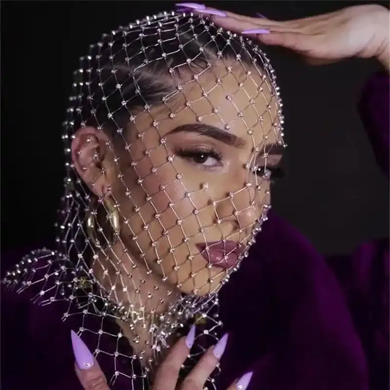 Elastic Rhinestone Balaclava Shiny Fishnet Turban
