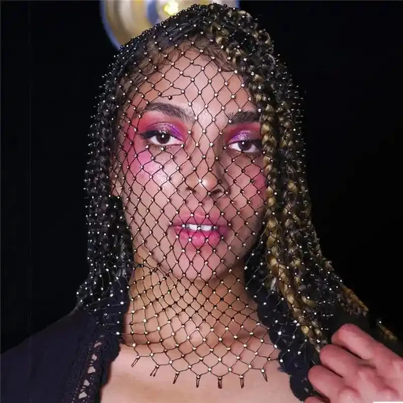 Elastic Rhinestone Balaclava Shiny Fishnet Turban