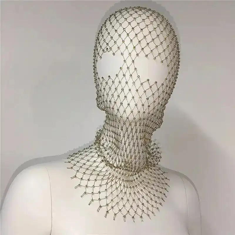 Elastic Rhinestone Balaclava Shiny Fishnet Turban