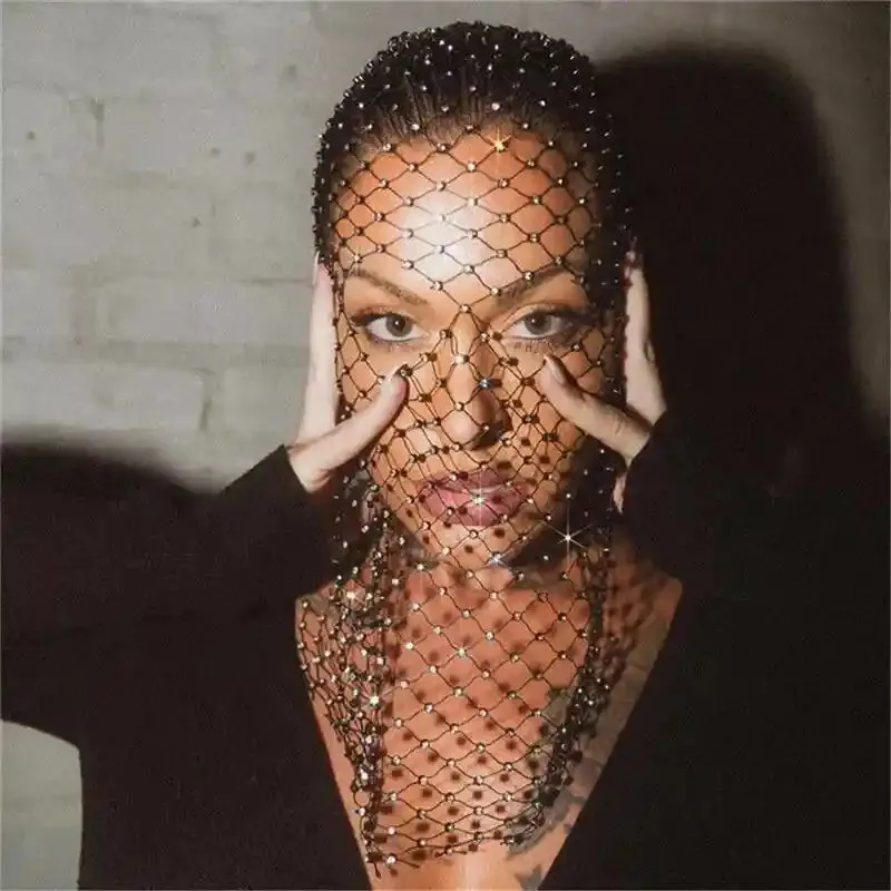 Elastic Rhinestone Balaclava Shiny Fishnet Turban