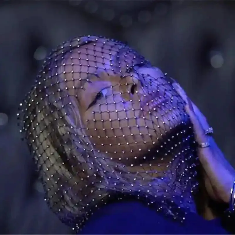Elastic Rhinestone Balaclava Shiny Fishnet Turban