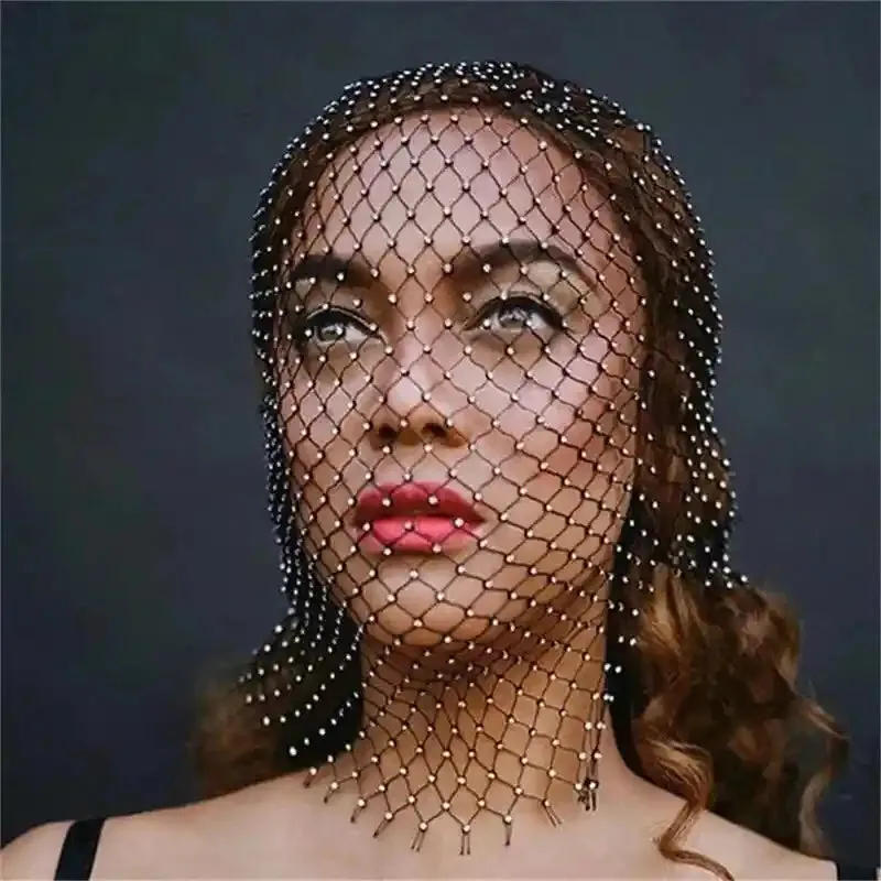 Elastic Rhinestone Balaclava Shiny Fishnet Turban