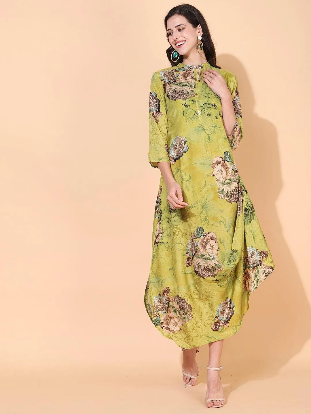 Floral Printed A-Line Cowl Maxi Dress - Pear Green
