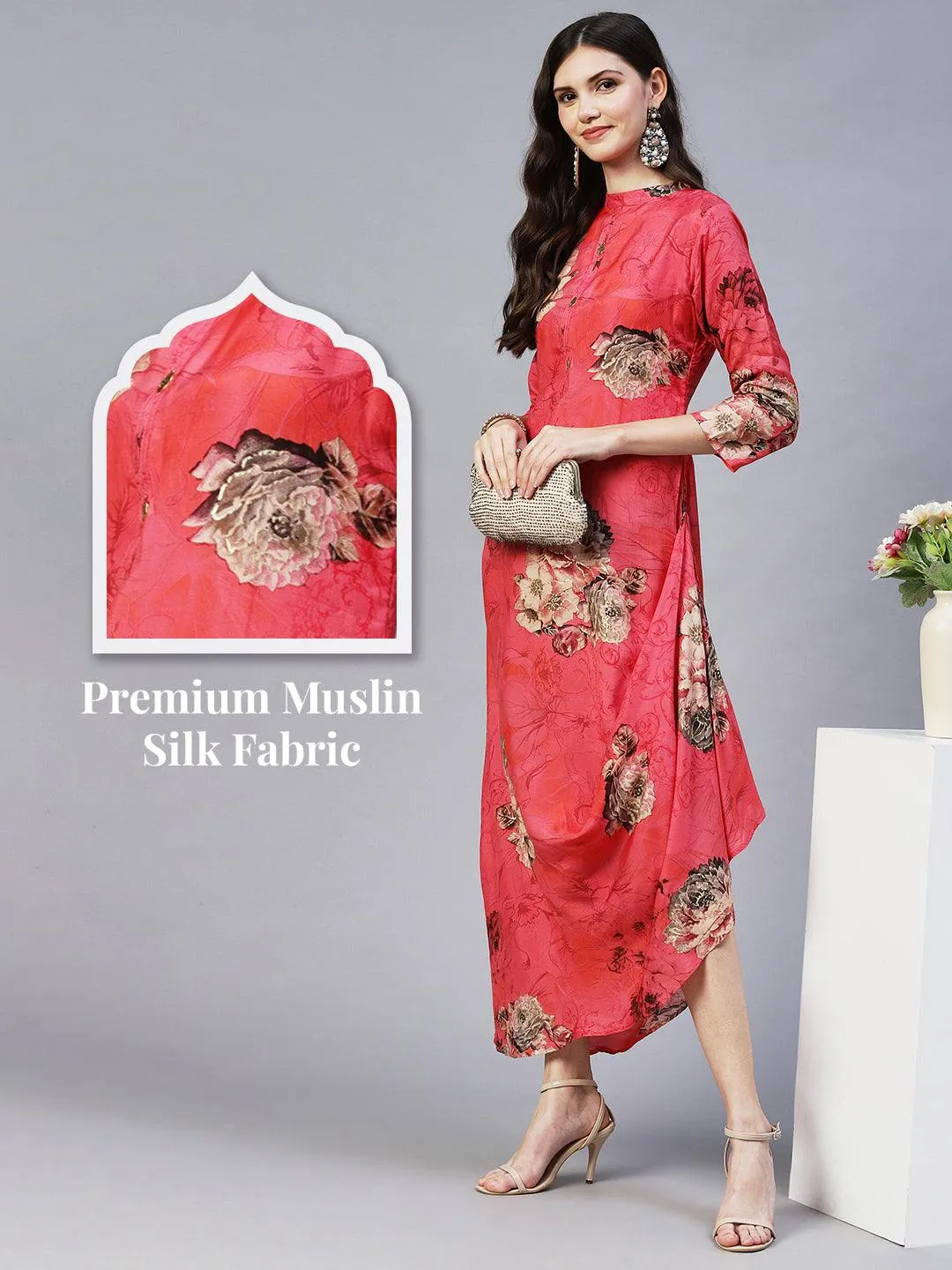Floral Printed A- Line Cowl Maxi Dress - Pink