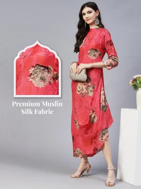 Floral Printed A- Line Cowl Maxi Dress - Pink