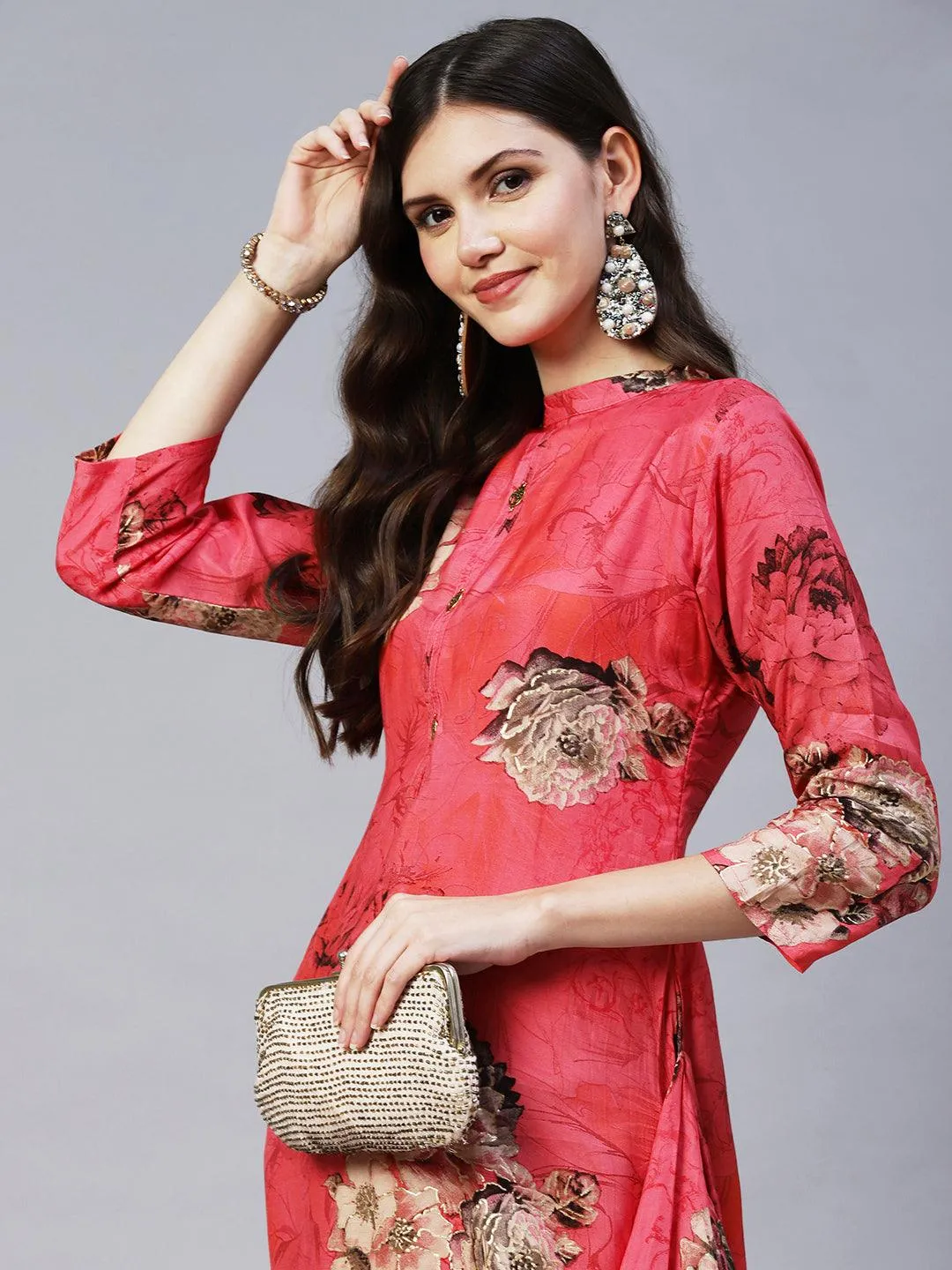 Floral Printed A- Line Cowl Maxi Dress - Pink