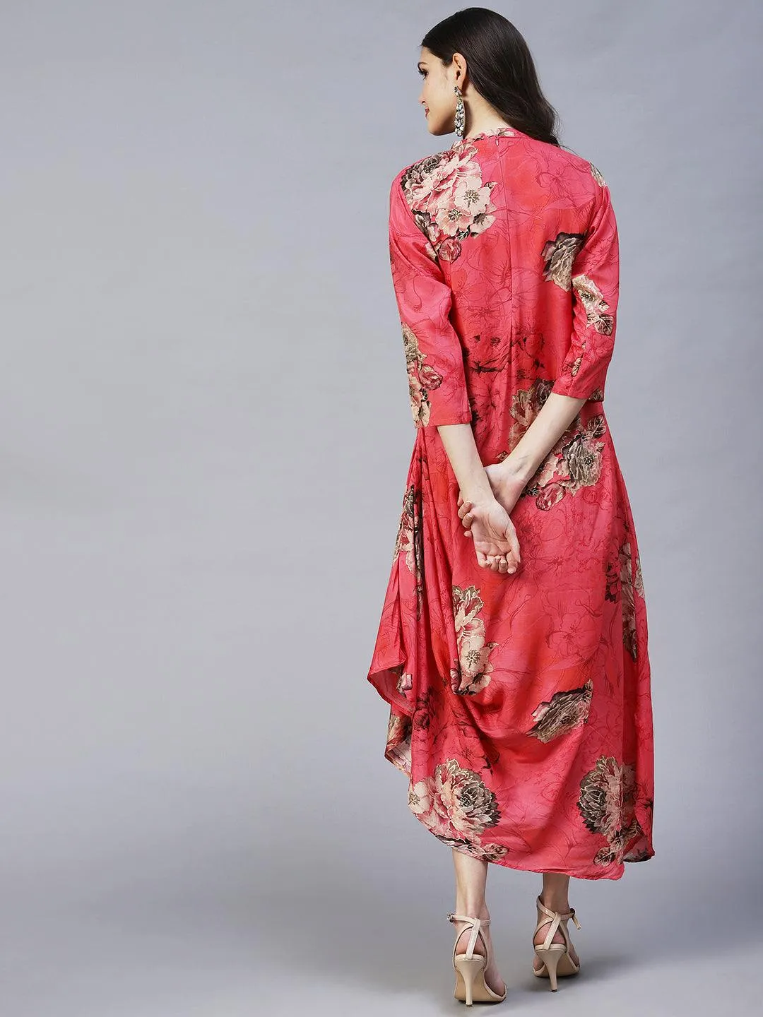 Floral Printed A- Line Cowl Maxi Dress - Pink