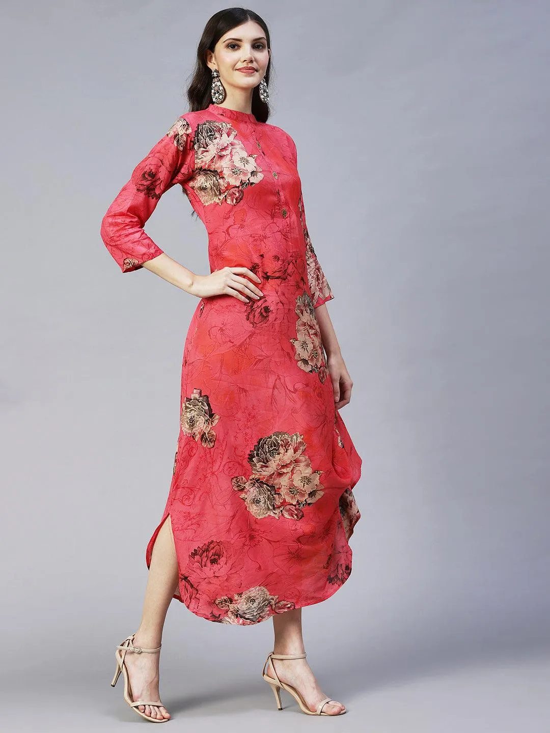 Floral Printed A- Line Cowl Maxi Dress - Pink