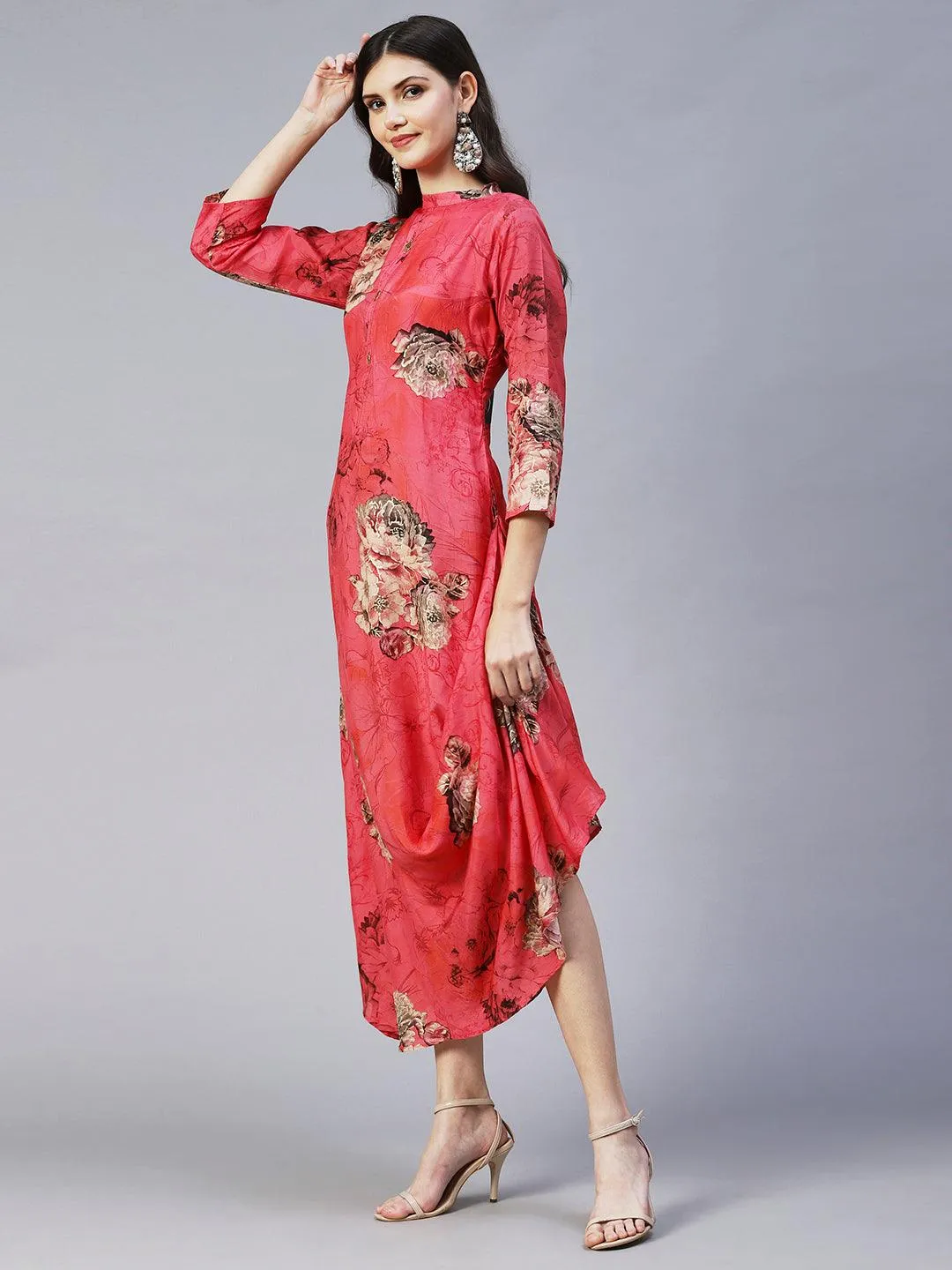 Floral Printed A- Line Cowl Maxi Dress - Pink