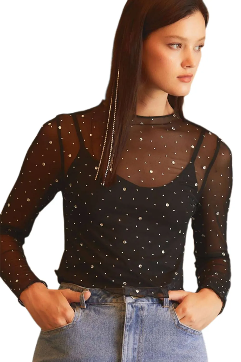 Gothic Outlaws Black Rhinestone Mesh Mock Neck Top – For When You Want to Sparkle, but Make It Dark