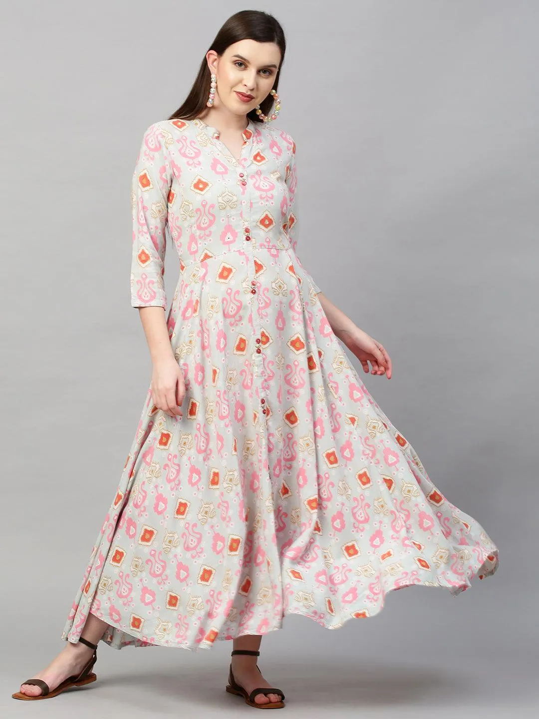 Ikat Printed & A-Line Maxi Dress - Ice Blue