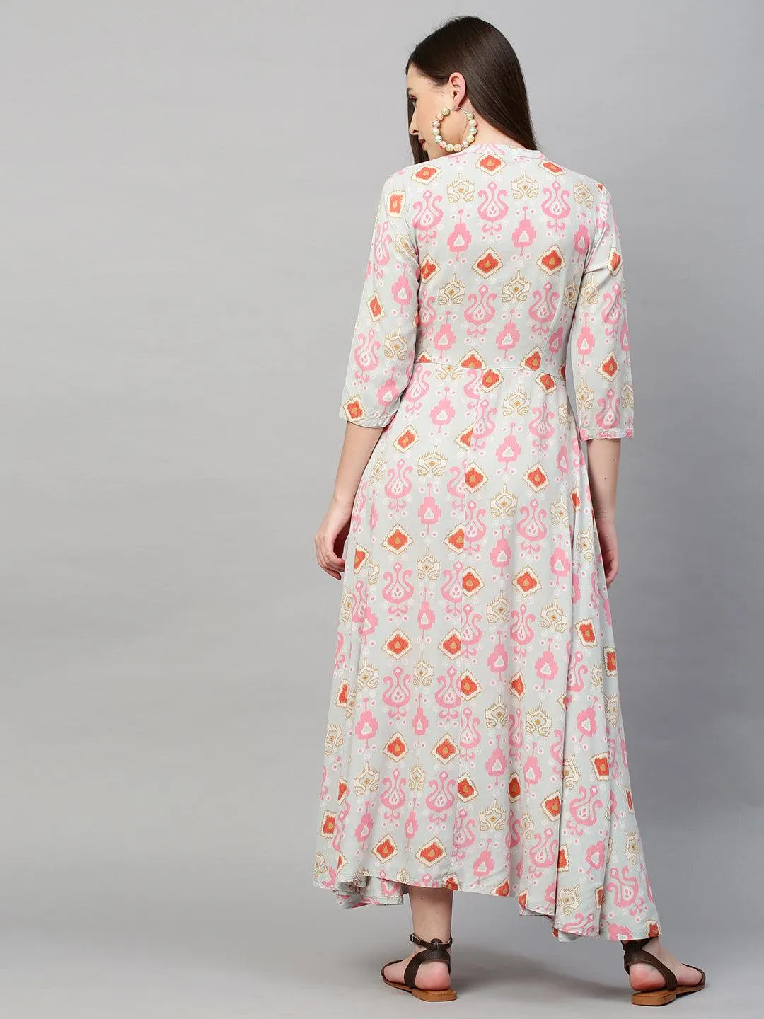 Ikat Printed & A-Line Maxi Dress - Ice Blue