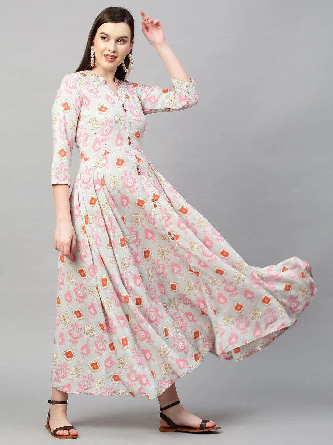 Ikat Printed & A-Line Maxi Dress - Ice Blue