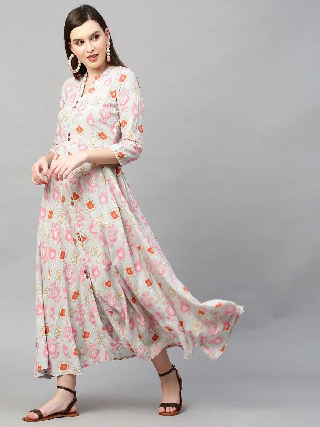 Ikat Printed & A-Line Maxi Dress - Ice Blue