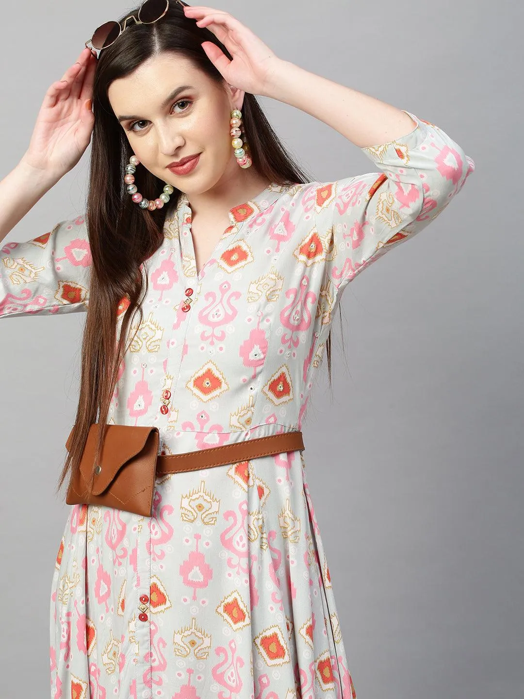 Ikat Printed & A-Line Maxi Dress - Ice Blue