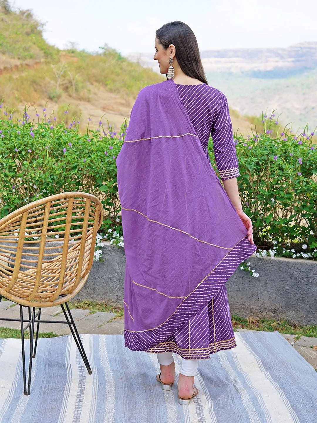 Leheriya Printed & Embroidered Anarkali Maxi Dress with Dupatta - Purple