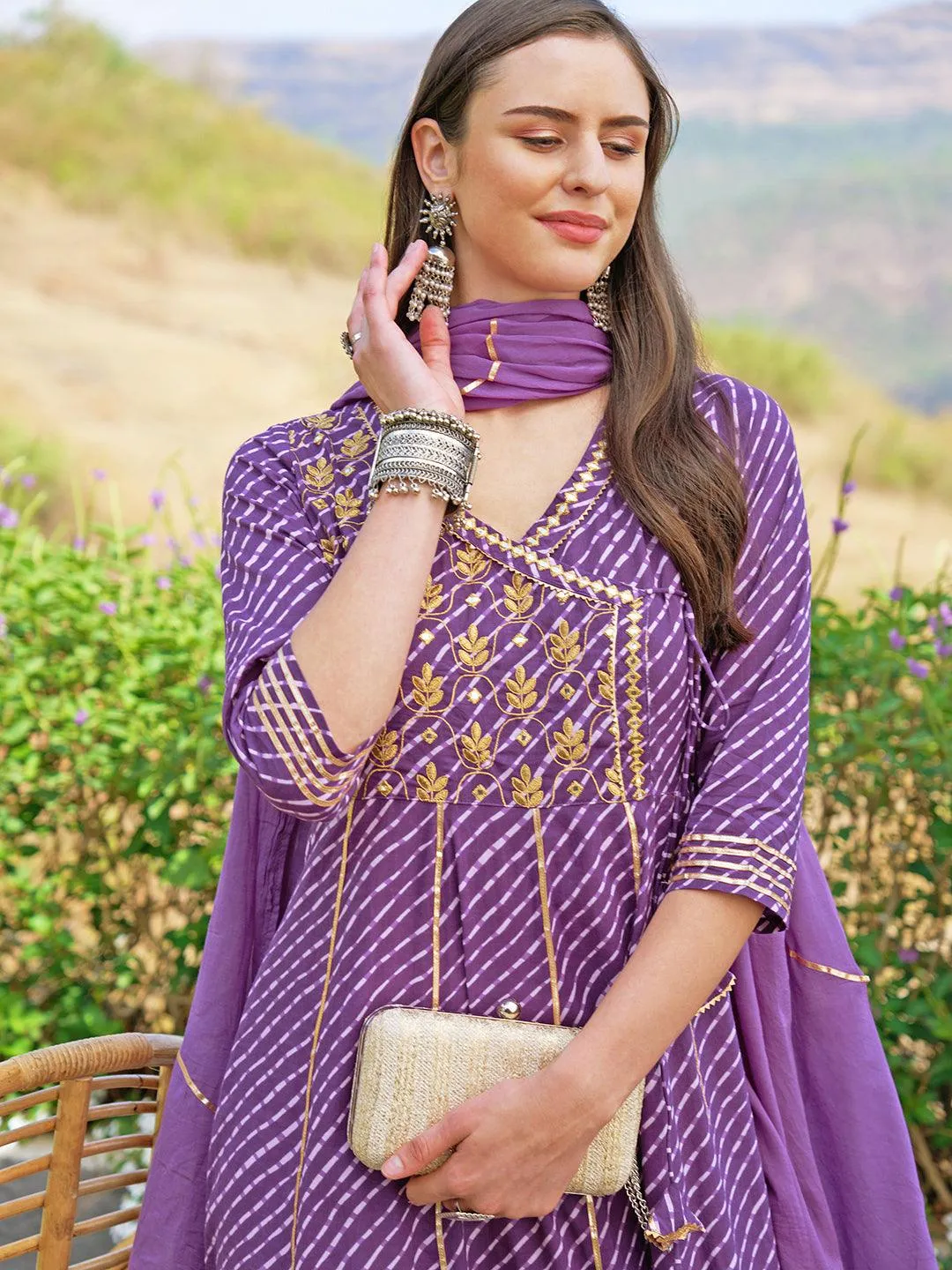 Leheriya Printed & Embroidered Anarkali Maxi Dress with Dupatta - Purple