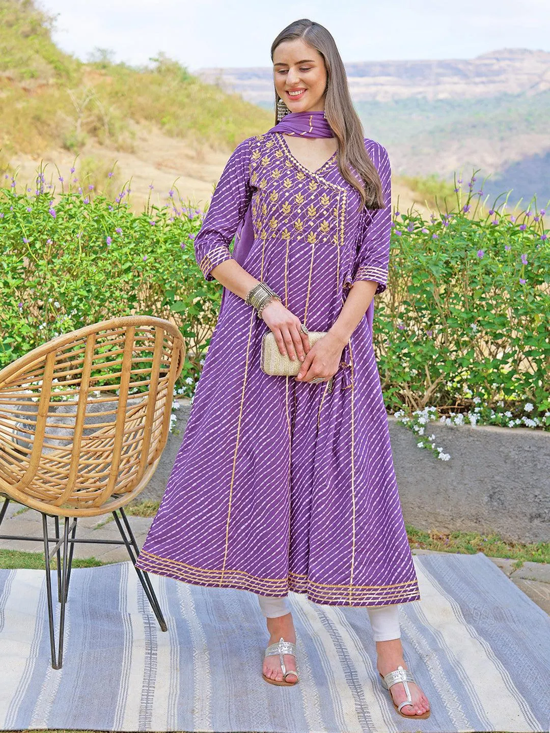 Leheriya Printed & Embroidered Anarkali Maxi Dress with Dupatta - Purple