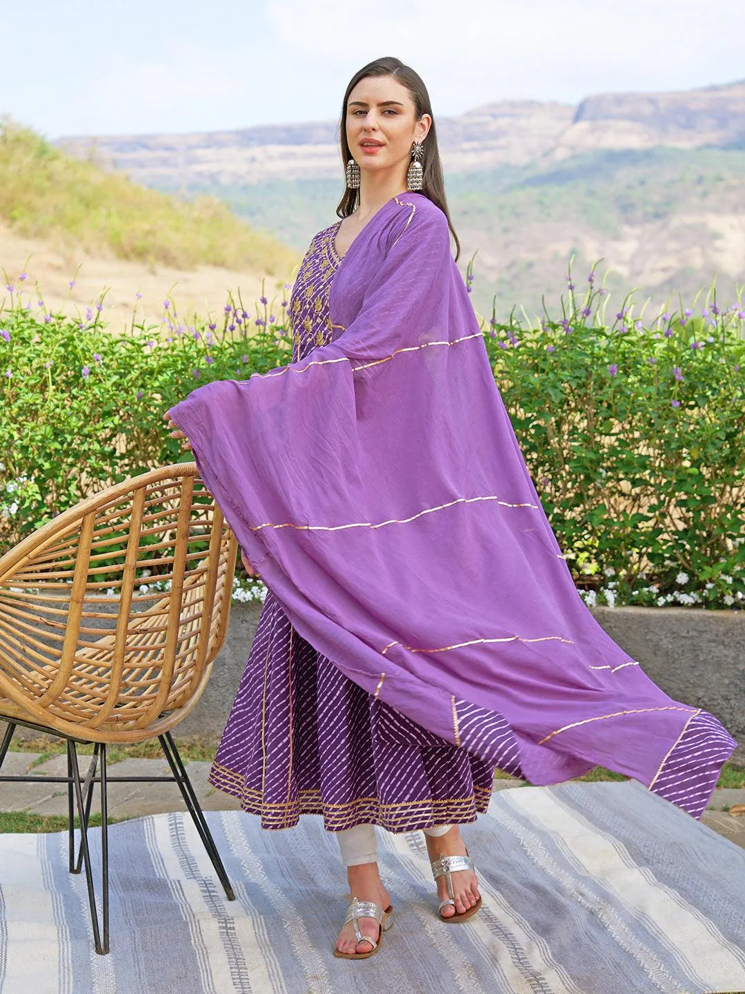 Leheriya Printed & Embroidered Anarkali Maxi Dress with Dupatta - Purple