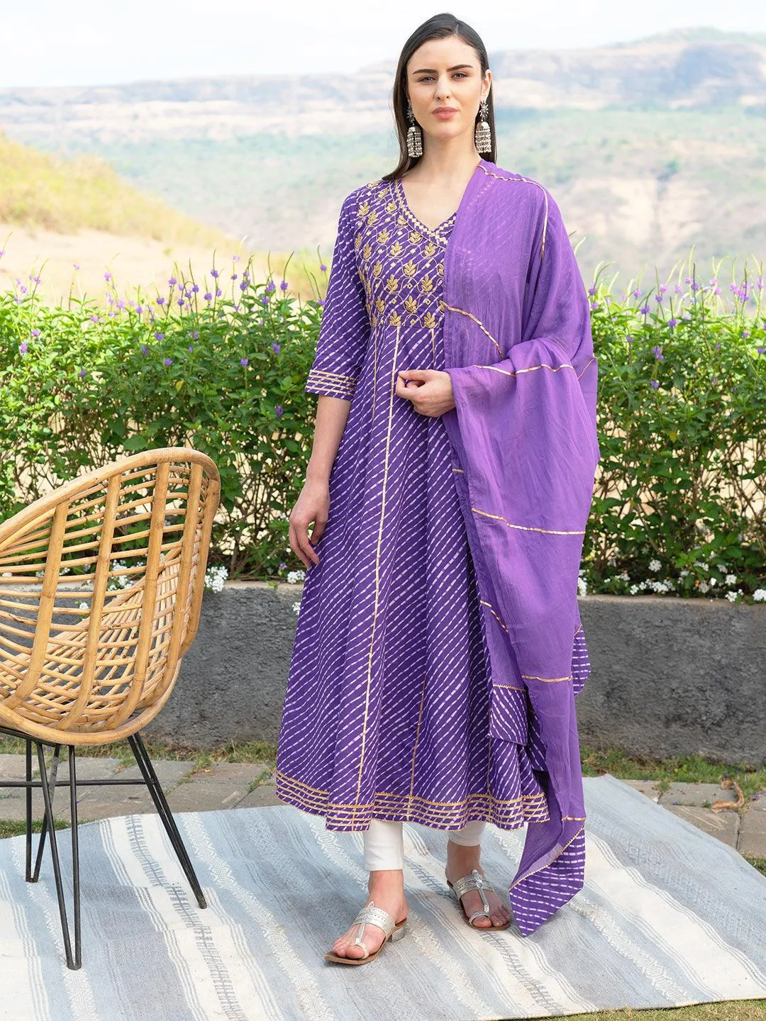 Leheriya Printed & Embroidered Anarkali Maxi Dress with Dupatta - Purple