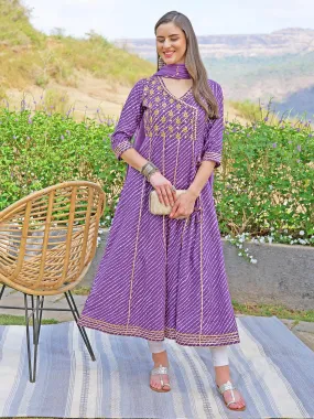 Leheriya Printed & Embroidered Anarkali Maxi Dress with Dupatta - Purple