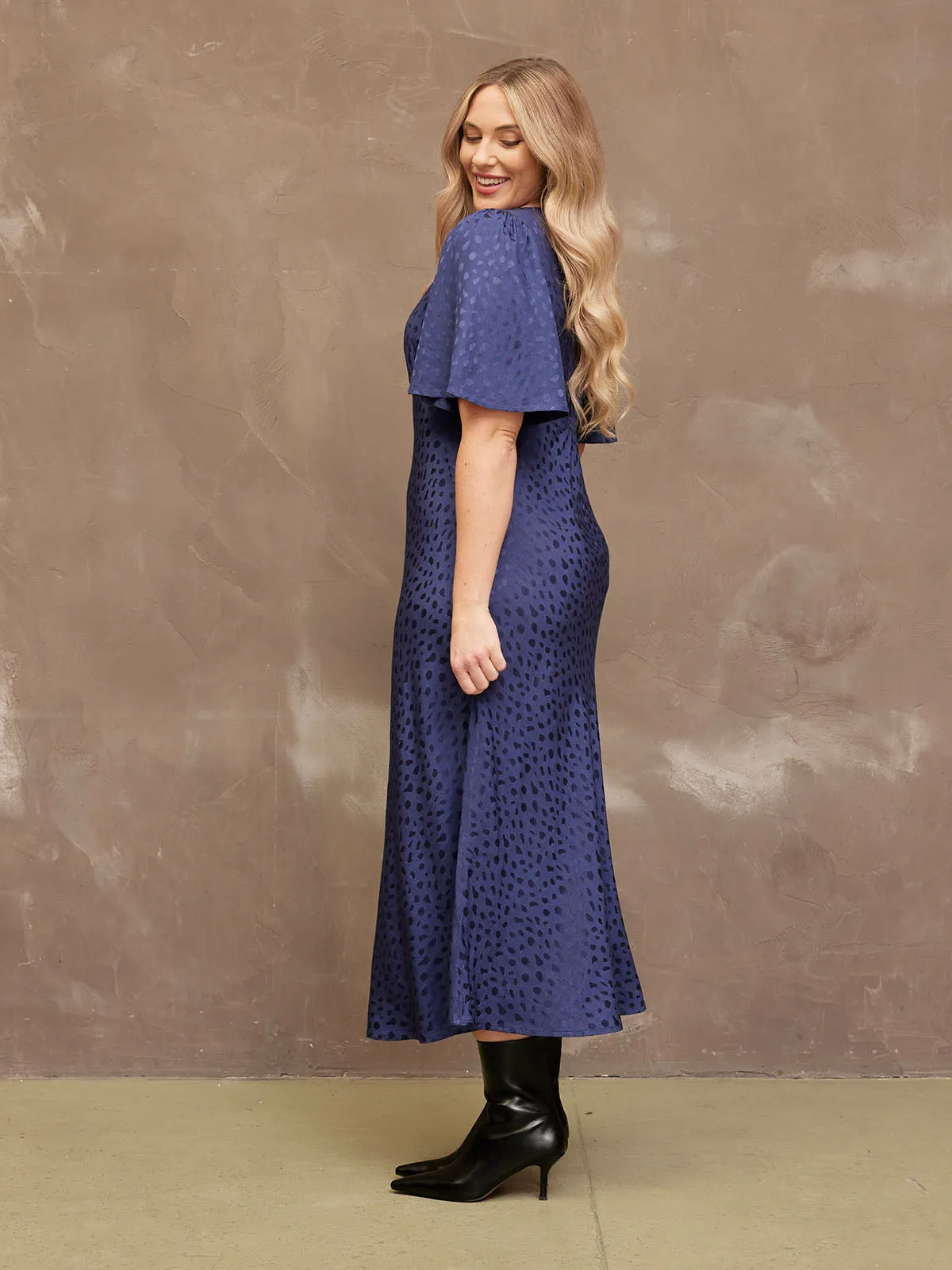 Lois - Angel Sleeve Satin Dress - Navy
