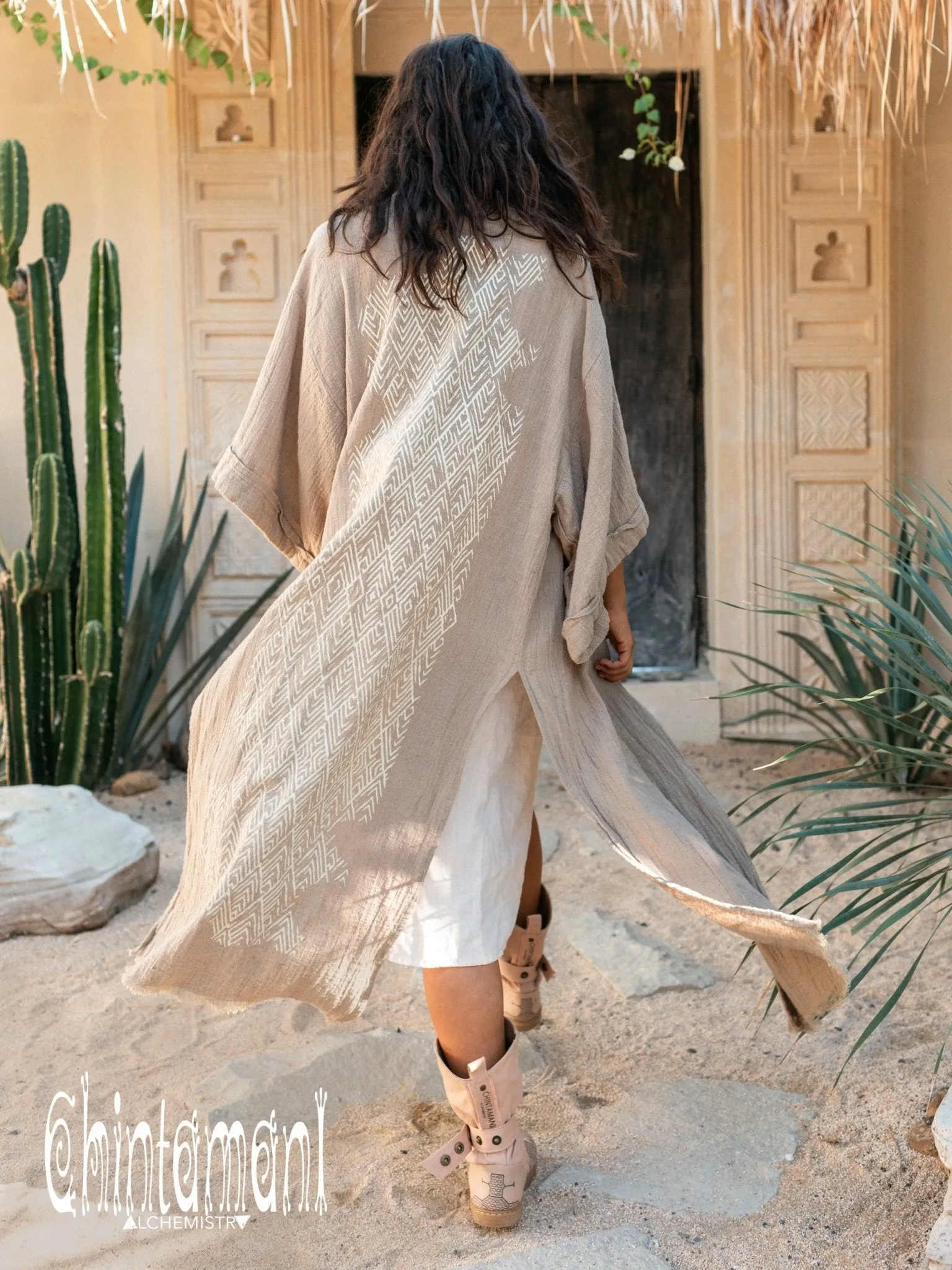 Raw Cotton Kimono Robe with Print / Sage