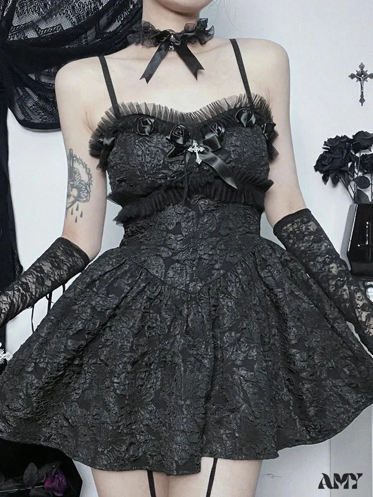 Rose A-Line Print Black Shirring Lace Nightclub Patchwork Backless Slip Mini Dress Corset