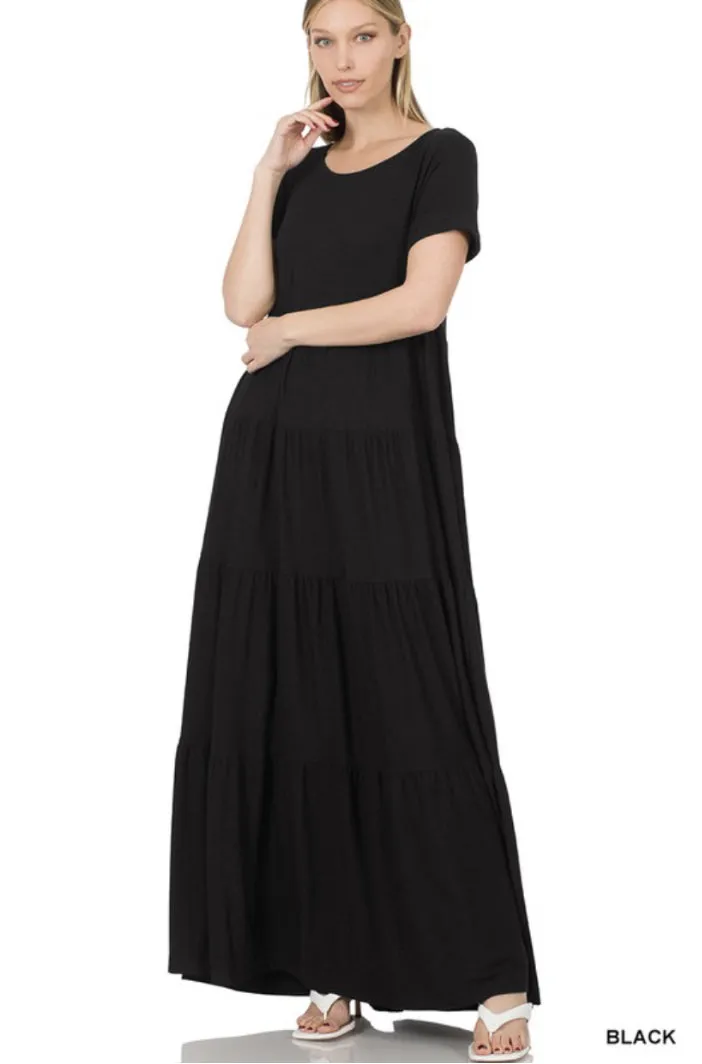 Short Sleeve Tiered Maxi Dress Style 8357 in Black, Dusty Blush or Light Green,