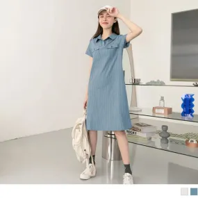 STRIPED V-NECK TUNIC POCKET A-LIEN MIDI DRESS