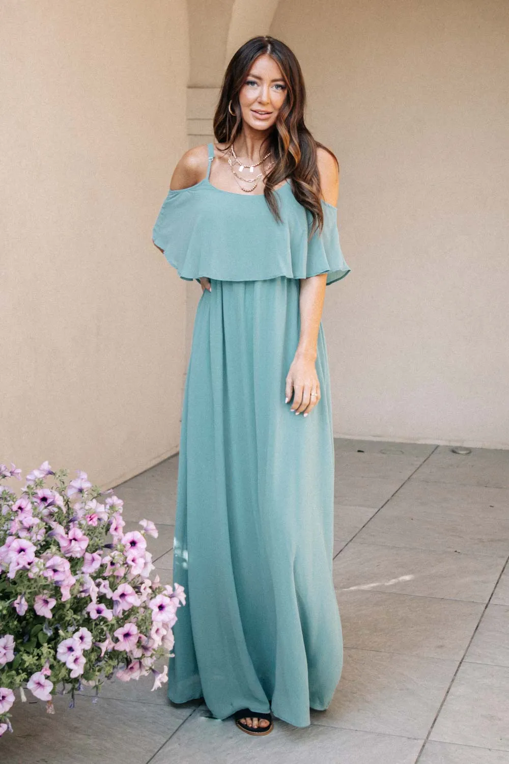 Toni Off the Shoulder Maxi Dress in Sage