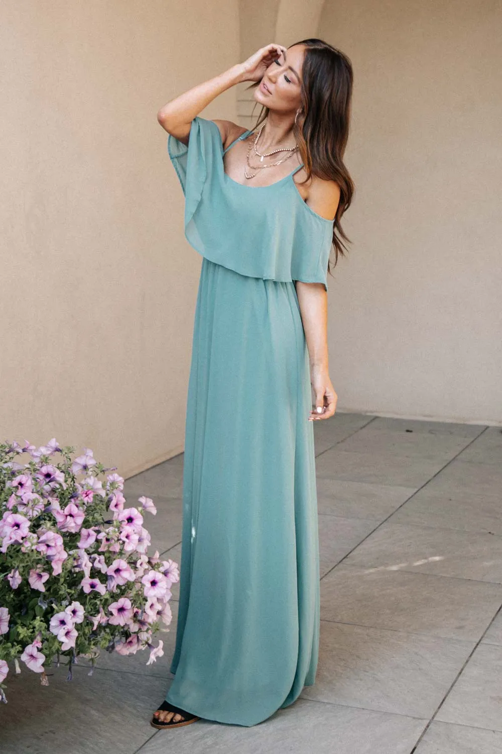 Toni Off the Shoulder Maxi Dress in Sage