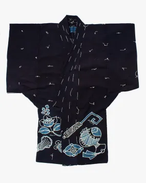 Vintage Tsutsugaki Kimono Robe, Indigo Takanoha-Mon with Floral Pattern