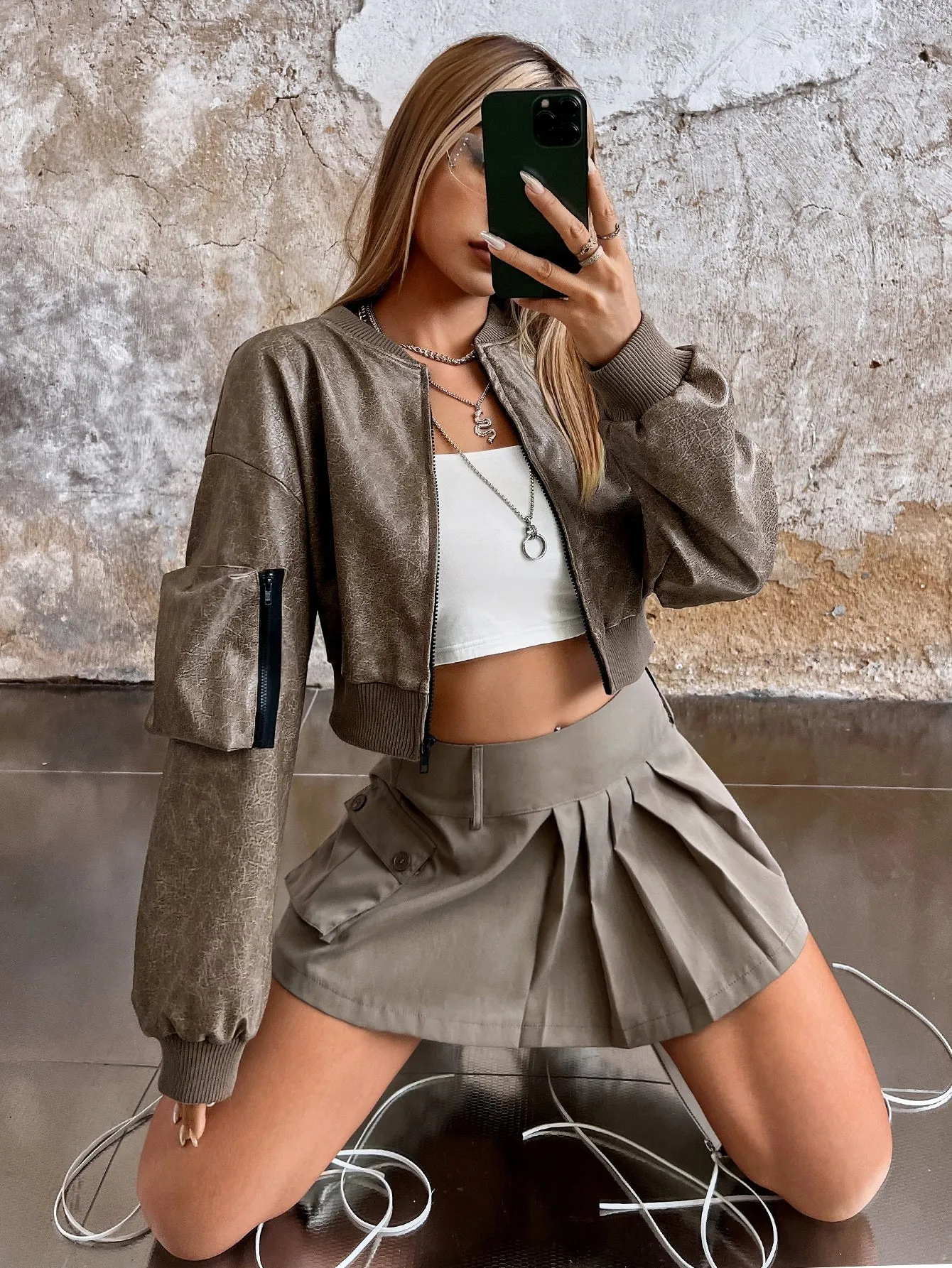 Zip Up PU Leather Bomber Jacket